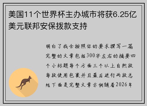 美国11个世界杯主办城市将获6.25亿美元联邦安保拨款支持 美国11个世界杯主办城市将获6.25亿美元联邦安保拨款支持