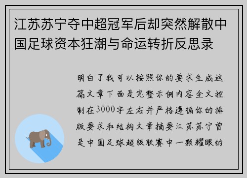 江苏苏宁夺中超冠军后却突然解散中国足球资本狂潮与命运转折反思录 江苏苏宁夺中超冠军后却突然解散中国足球资本狂潮与命运转折反思录