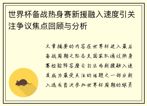 世界杯备战热身赛新援融入速度引关注争议焦点回顾与分析 世界杯备战热身赛新援融入速度引关注争议焦点回顾与分析